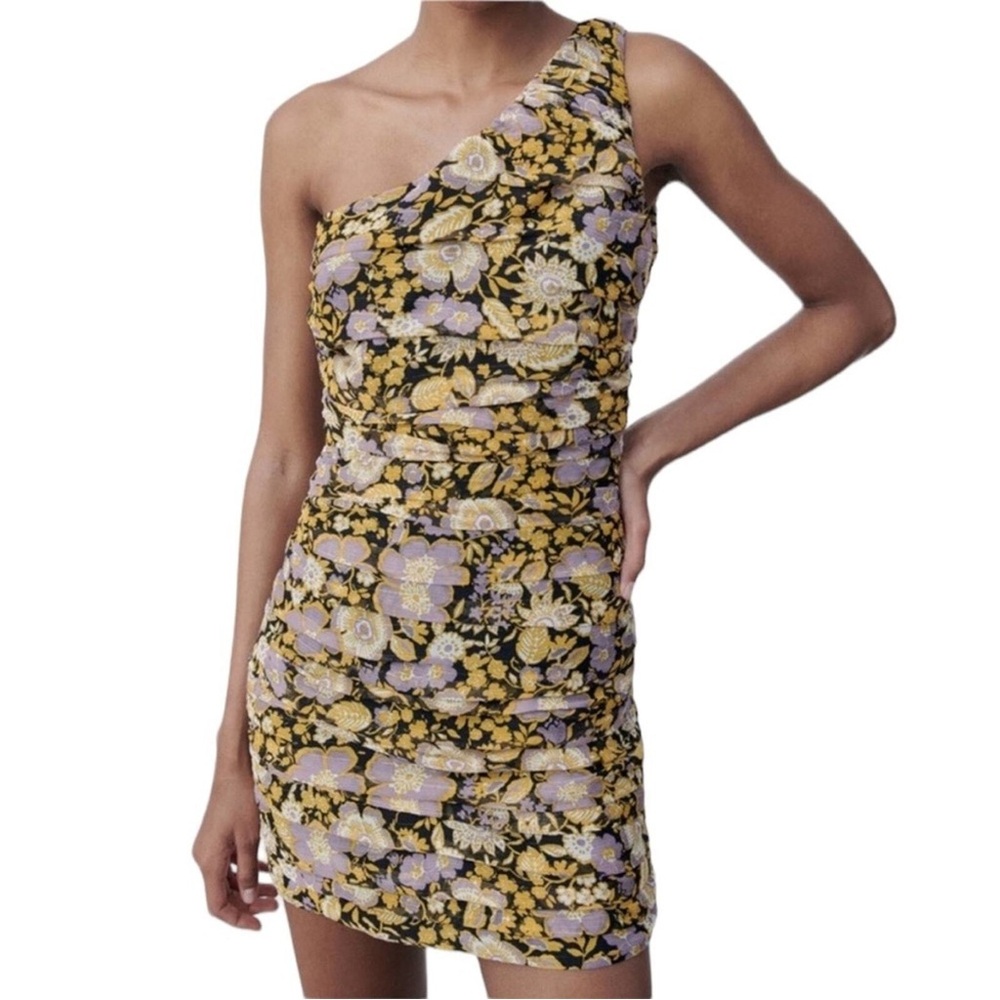 Zara Floral Ruched One Shoulder Mini Dress Cocktail Party Size XSmall NWT